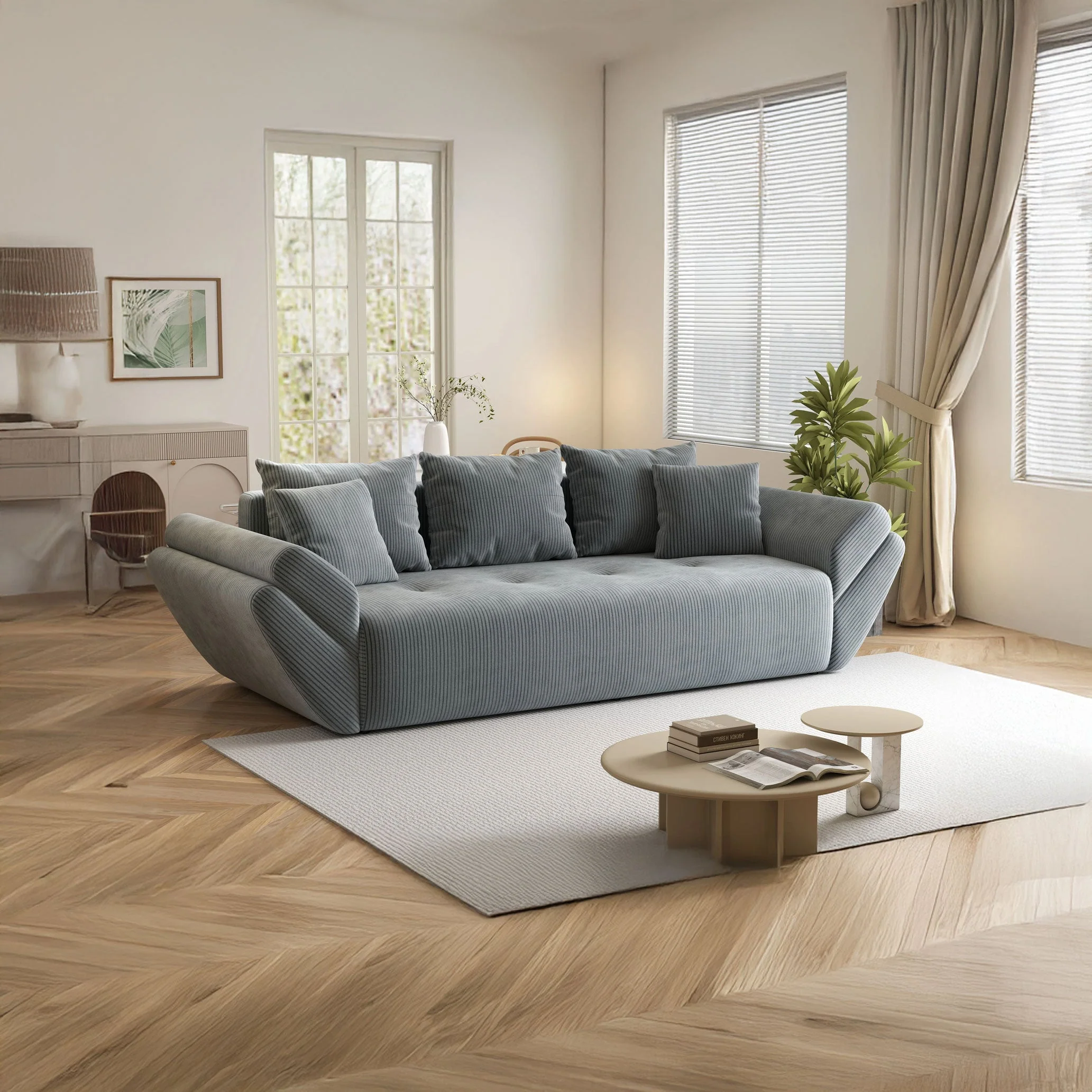 Living modern cu canapea gri și perne decorative