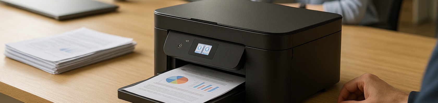 Imprimantă modernă pe un birou alb cu documente printate