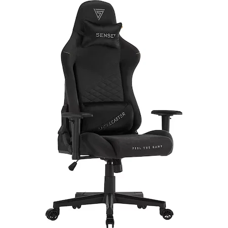 Scaun gaming textil negru lângă birou