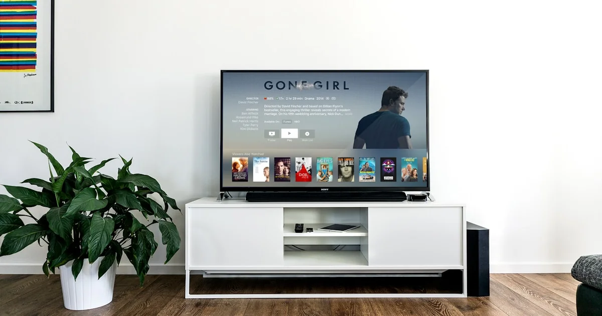 Televizor de living modern cu ecran mare afișând imagine vibrantă