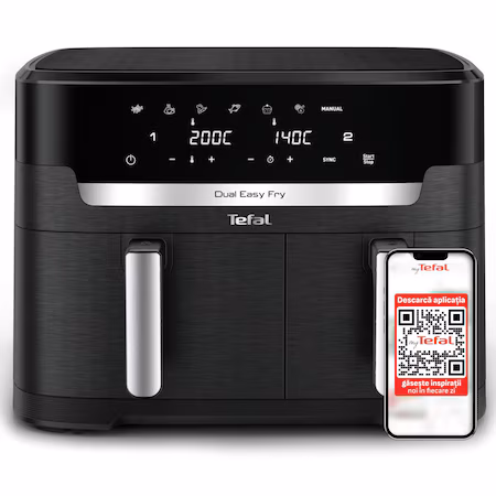 Friteuza dubla cu aer cald Tefal Dual Easy Fry XXL EY9428E0, 2700 W, capacitate 11 L, 7 programe, vase detasabile…