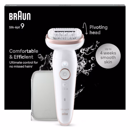 Epilator Braun Silk-épil 9 9-000 Wet & Dry, MicroGrip, Smart Light, 2 viteze, 40 pensete, Geanta de voiaj, Alb/Roz
