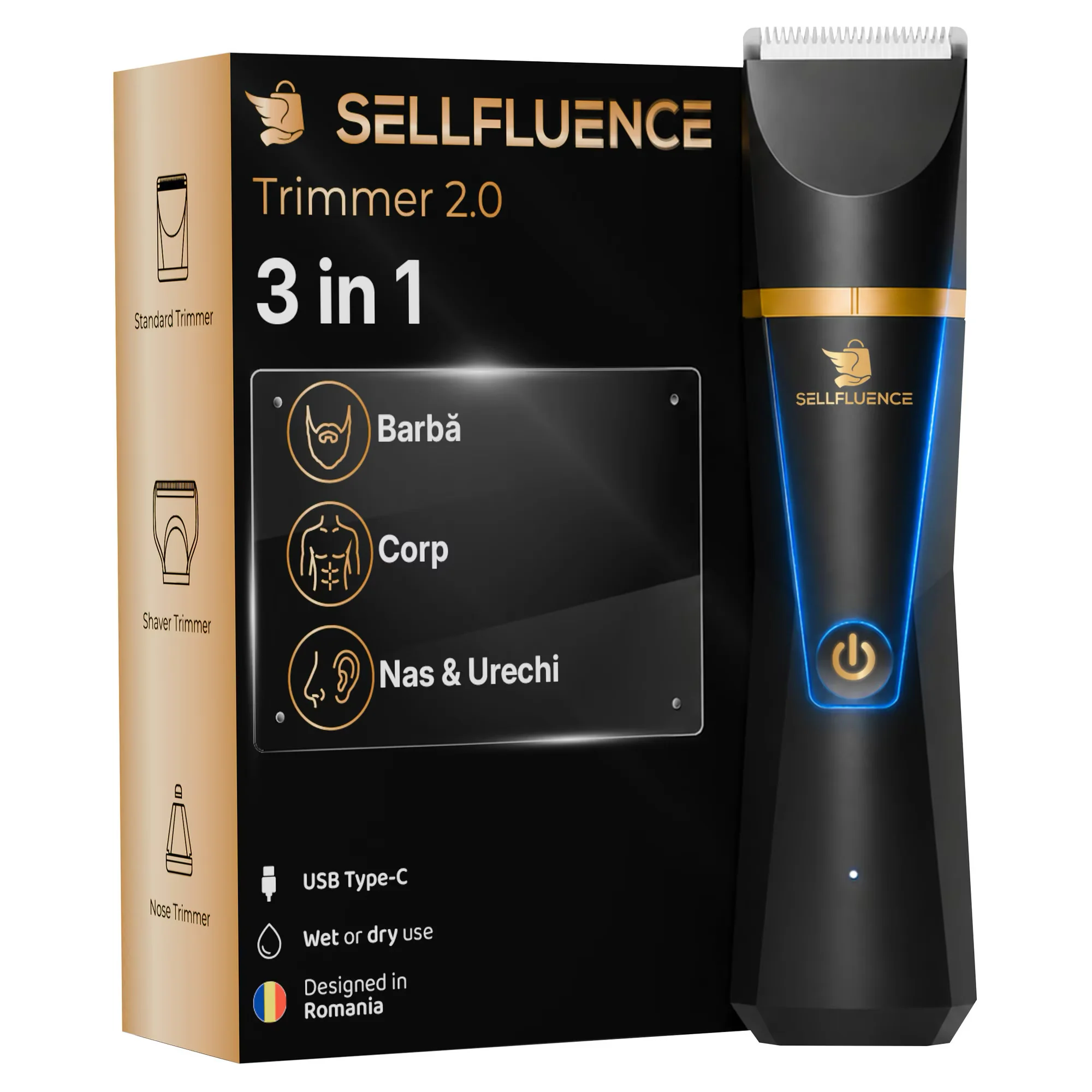 Masina de tuns profesionala 3 in 1 Sellfluence® Trimmer 2.0, masina tuns barba, corp si par, trimmer nas urechi,…