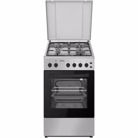 Aragaz Heinner HFSC-V60LITGSL, Gaz, 4 arzatoare, Aprindere electrica plita/cuptor, Dispozitiv de siguranta…