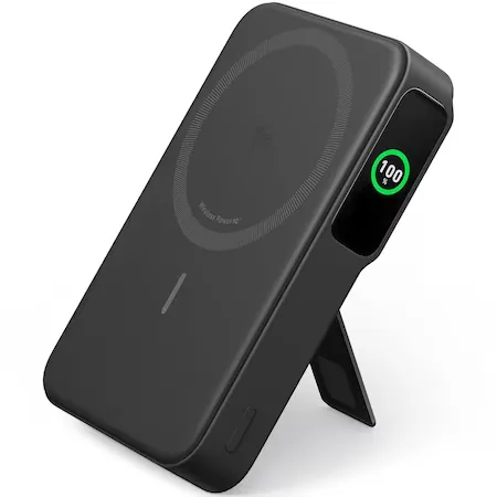Acumulator extern wireless Anker MagGo, Qi2, 10.000 mAh, 15W, USB-C, Suport Pliabil, Smart Display, pentru iPhone…