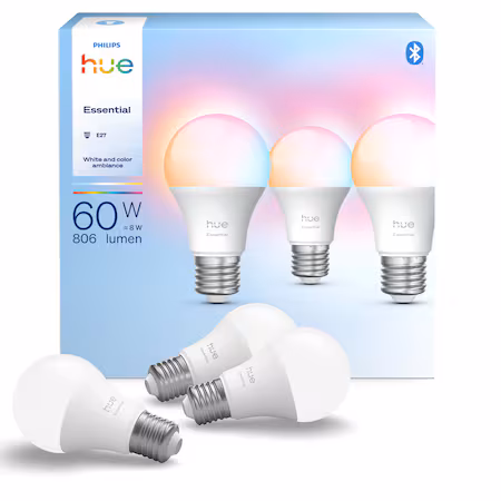 Pachet Philips Hue Essential 3 becuri inteligente E27, White and Color Ambiance, 2200K–6500K, Reglabile,…