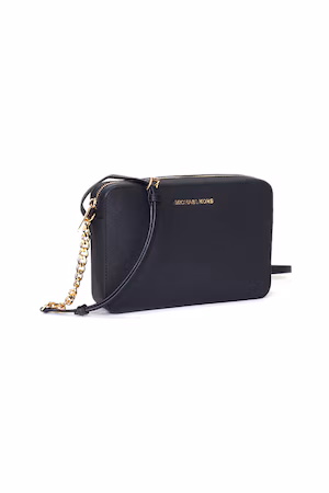 Michael Kors, Geanta crossbody de piele, cu bareta cu insertii de lant Jet Set, Negru