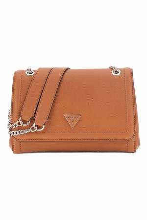 GUESS, Geanta crossbody din piele ecologica cu bareta din lant Noelle, Maro scortisoara