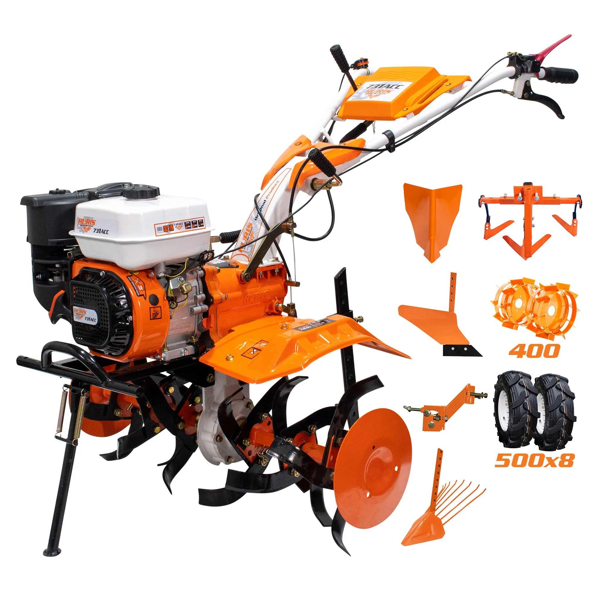 Motocultor pe benzina Ruris 731acc1, putere 8.5 CP, 4 timpi, 2+1 viteze, 83 cm latime lucru, 34 cm adancime lucru,…