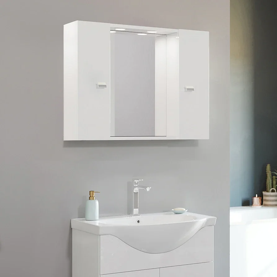 Oglinda cu doua dulapioare albe si iluminare 77x57x16cm, clasa energetica E