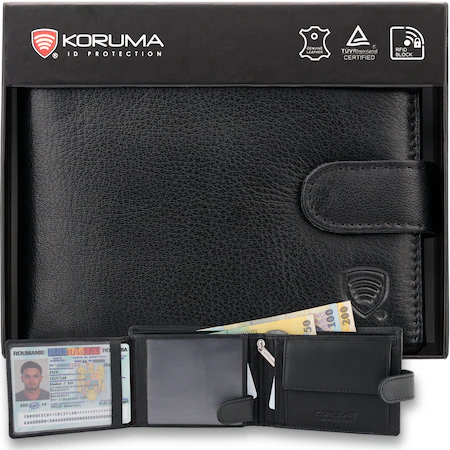 Portofel barbati din Piele Naturala, Protectie RFID, Buzunar Carte de Identitate, Koruma, SM-905GBL, Negru mat