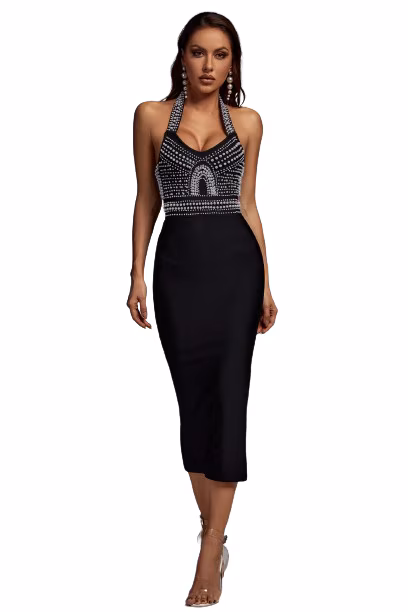 Rochie midi de cocktail cu perle albe, culoarea negru, marimea M