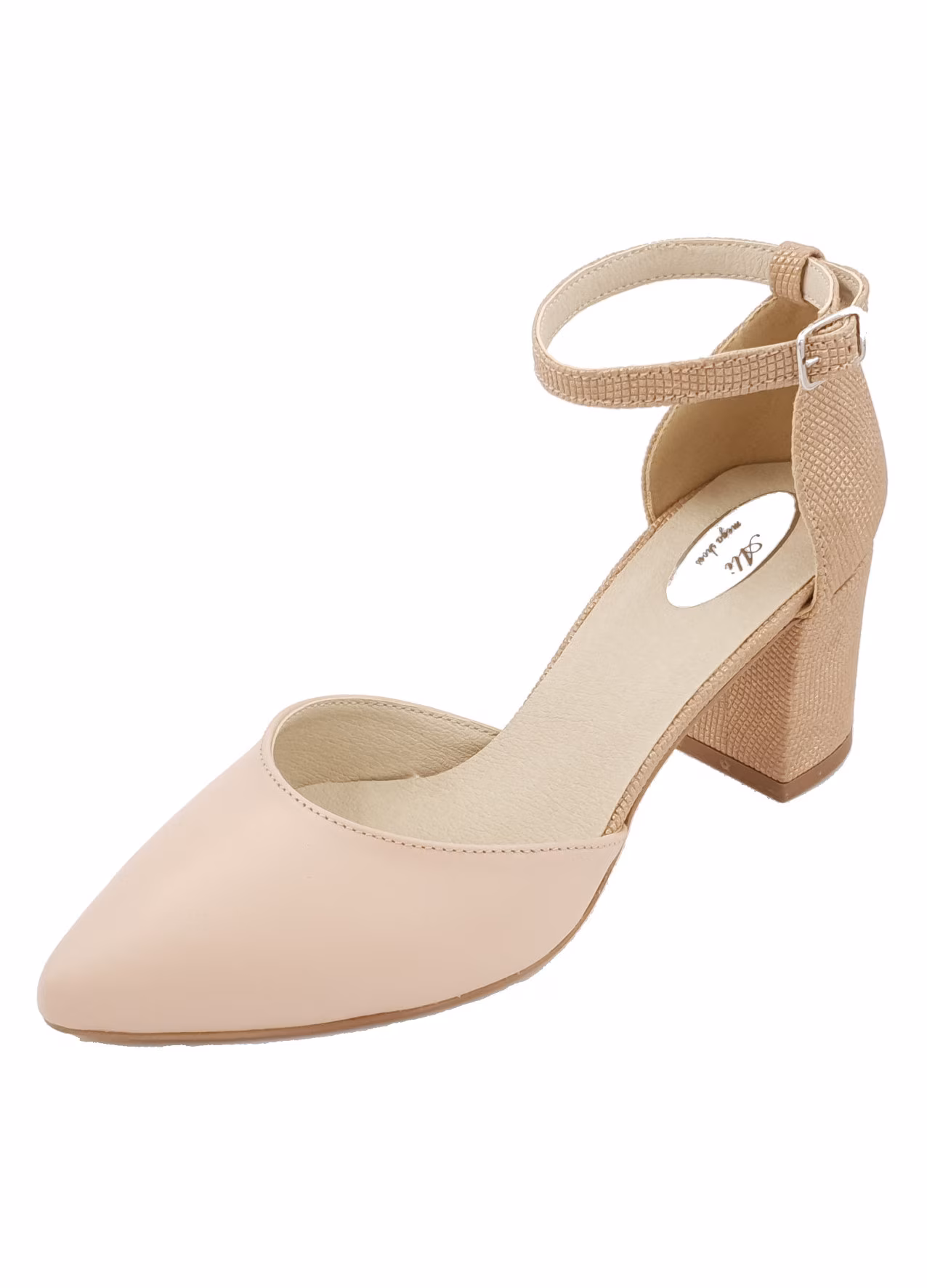 Sandale dama, SandAli, piele naturala, toc gros, imbracat, bej cu puncte, 41 EU