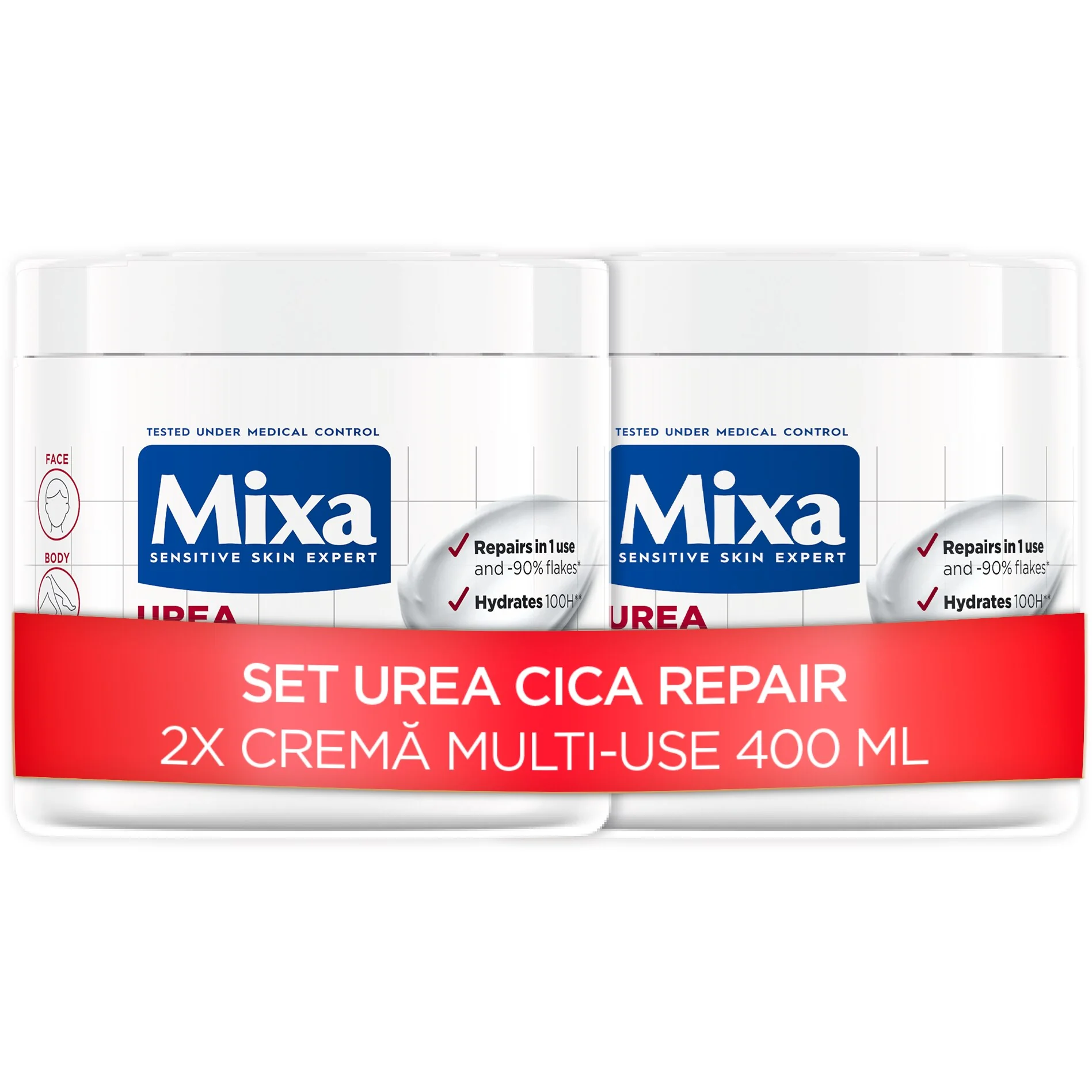 Set ingrijire ten si corp Mixa: 2 x Crema regeneratoare pentru fata si corp Mixa Urea Cica Repair cu 10% Uree si…