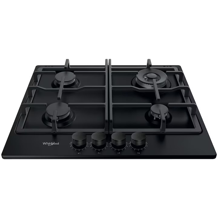 Plita incorporabila Whirlpool TKRL 661 NB, Gaz, 4 zone gatit, Gratar fonta, Aprindere electrica, 60 cm, Negru